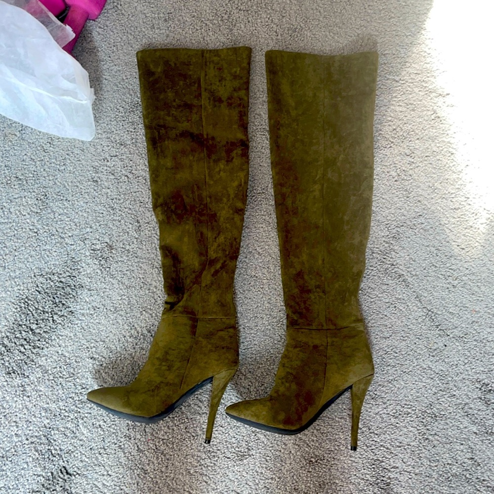 Olive green suede thigh high boots
